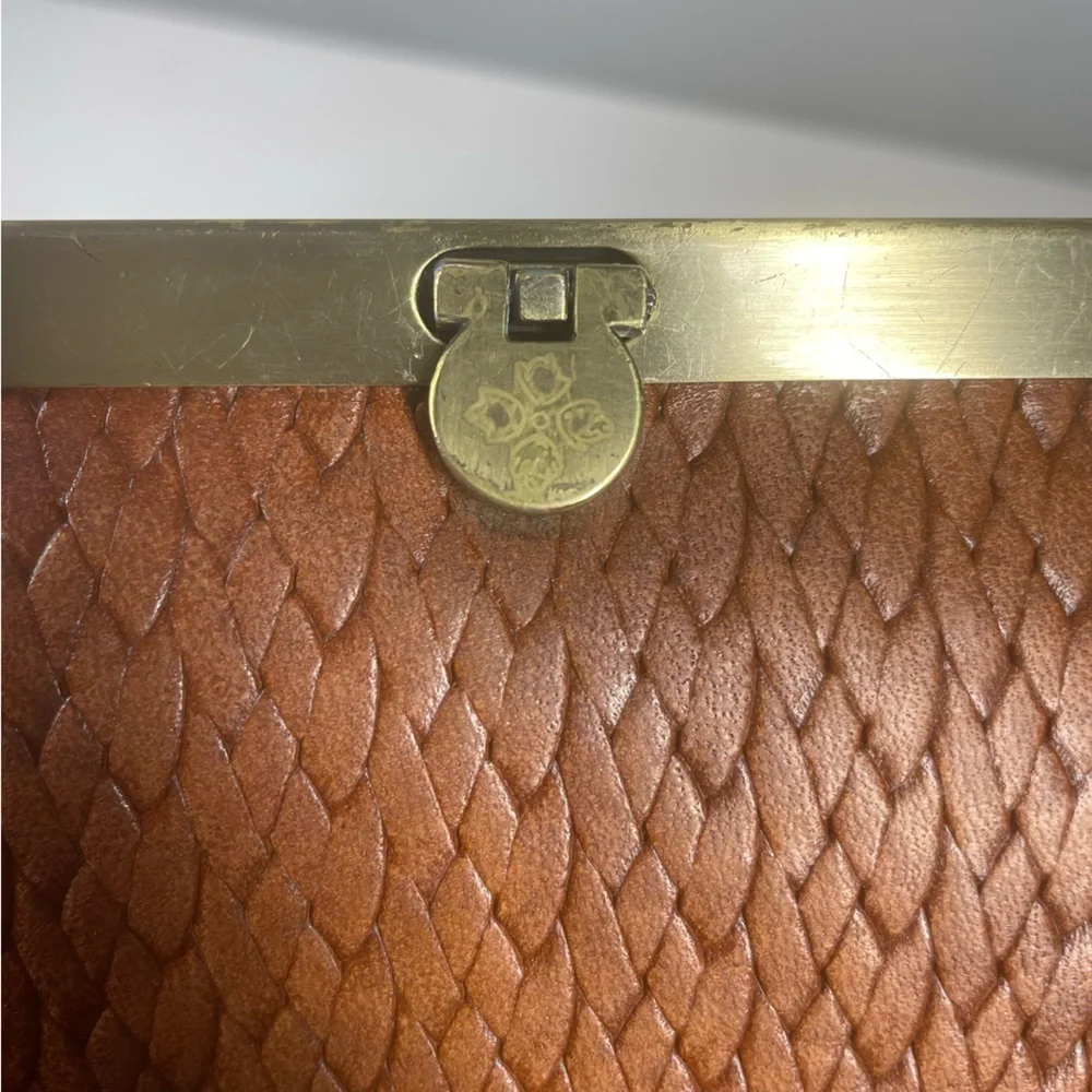 Patricia Nash Cauchy Metal Frame Wallet Woven Leather Cognac Brown